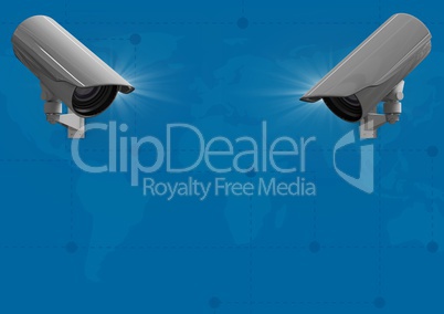Composite Image of a Security cameras against blue map background