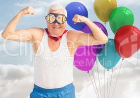 Strong Old Man with Balloons against a sky background