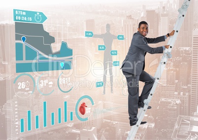 Businessman climbing on a Ladder against a neutral city background