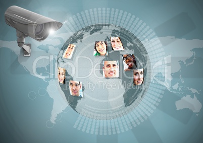 Composite Image of Security camera on blue earth map with globe background