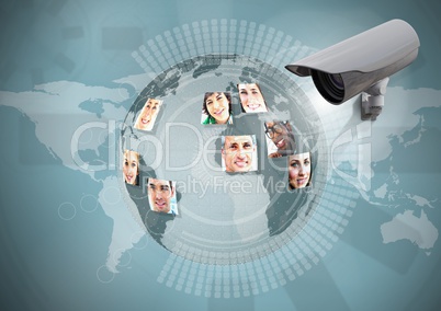 Composite Image of Security camera against blue map with globe background