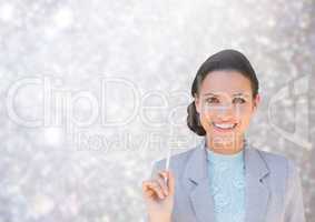 Woman smiling at camera against shining grey background