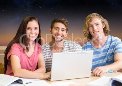 Students Group using Laptop to study Stars Astronomy against a stars sky background