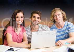 Students Group using Laptop to study Stars Astronomy against a stars sky background