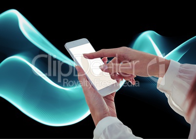 Composite image of hand touching cell phone screen against waves 3D