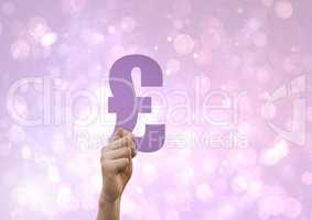 Composite image of Hand holding Money icon against purple bright background