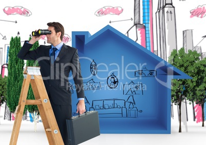 Composite image of Businessman on a Ladder looking at his objectives