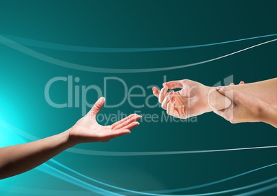 Composite image of Hands helping each other against green background