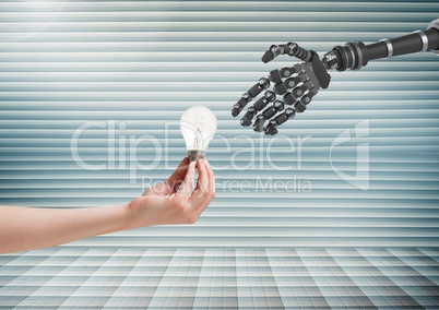 Composite image of human hand giving lightbulb to robot hand against striped background