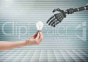 Composite image of human hand giving lightbulb to robot hand against striped background