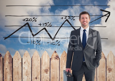 Composite image of Businessman Standing against wood gate and graph