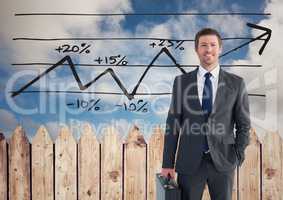 Composite image of Businessman Standing against wood gate and graph