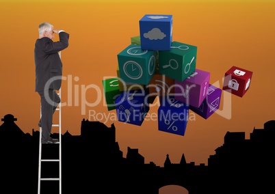 Businessman on a Ladder looking at the future against an orange city background