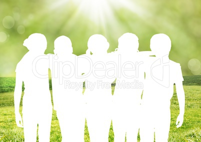 Composite of silhouette of a group of friends against green background