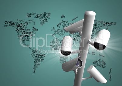 Composite image of Security cameras on green map with typography background