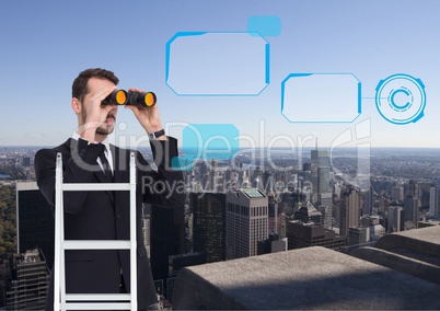 Composite image of Business man looking his objectives against a city background