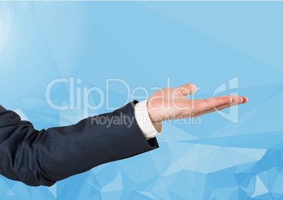 Composite image of Hand businessman open reach against blue background