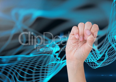Composite image of Closed hand against a blue digital interface