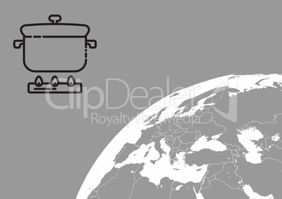 Composite image of cooking pot against World globe on grey background
