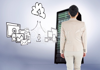 Businesswoman Standing looking at Graphic against a blue and white background