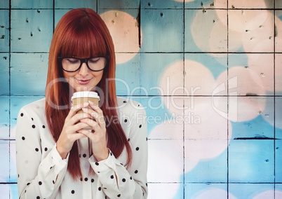Composite image of Woman with coffee against tiles with bokeh