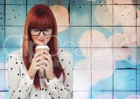 Composite image of Woman with coffee against tiles with bokeh