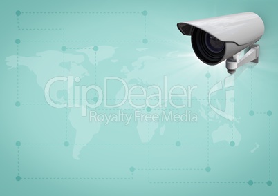 Composite Image of a Security cameras against a blue map background