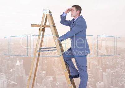 Businessman on a Ladder looking at the future against a city background