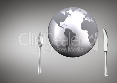 Composite Image of a Globe with range and knife against a grey background