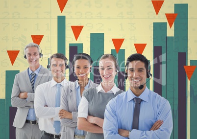 Business Team Standing in front of Graph against colorful background