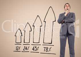 Businessman Standing in front of Graph against a nude background