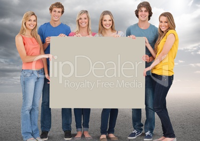 Young People group Holding Sign Board Happy Fun Bright background