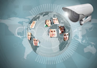 Composite Image of Security camera against blue map with globe background