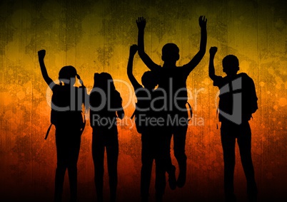 Children silhouette Joy grunge against black background