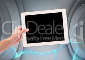 Composite image of Hand Holding tablet against electric grey background