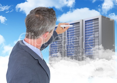 Composite image of Businessman drawing folders against blue sky