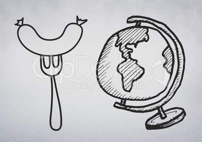 Composite image of world globe and sausage drawings
