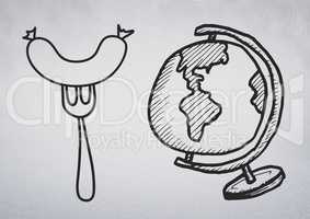 Composite image of world globe and sausage drawings