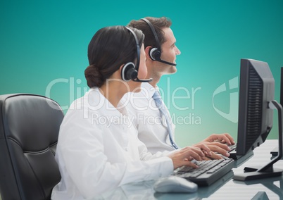 Composite image of travel agents behind computer looking away against green background