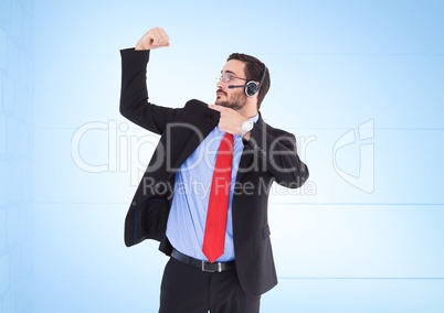 Composite image of Travel agent showing his muscles against blue background