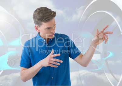 Composite image of young man gesturing against futuristic background