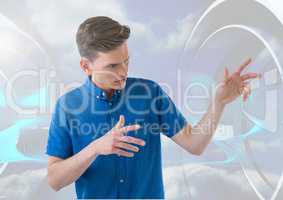 Composite image of young man gesturing against futuristic background