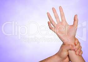 Composite image of Hands retaining against purple background