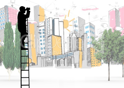 Composite image of Businessman on a Ladder looking at his objectives against city view