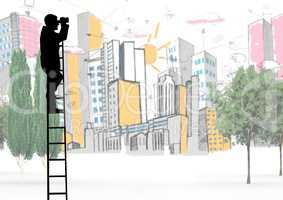 Composite image of Businessman on a Ladder looking at his objectives against city view