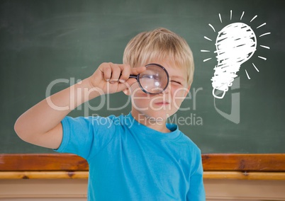 Composite image of kid looking through magnifiying glass against blackboard with lightbulb