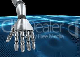 Composite image of Robot hand against blue Waves 3D