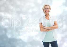 Old Woman at camera against shining grey background