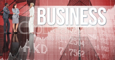 Businessman and Businesswomen Standing in front of Graph against a red background