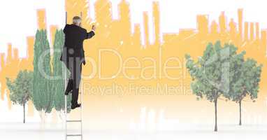 Composite image of Businessman on a Ladder against city background with trees
